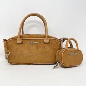 Steve Madden Handbag Mini Bag Set Cognac Brown Faux Suede Accessory Keychain